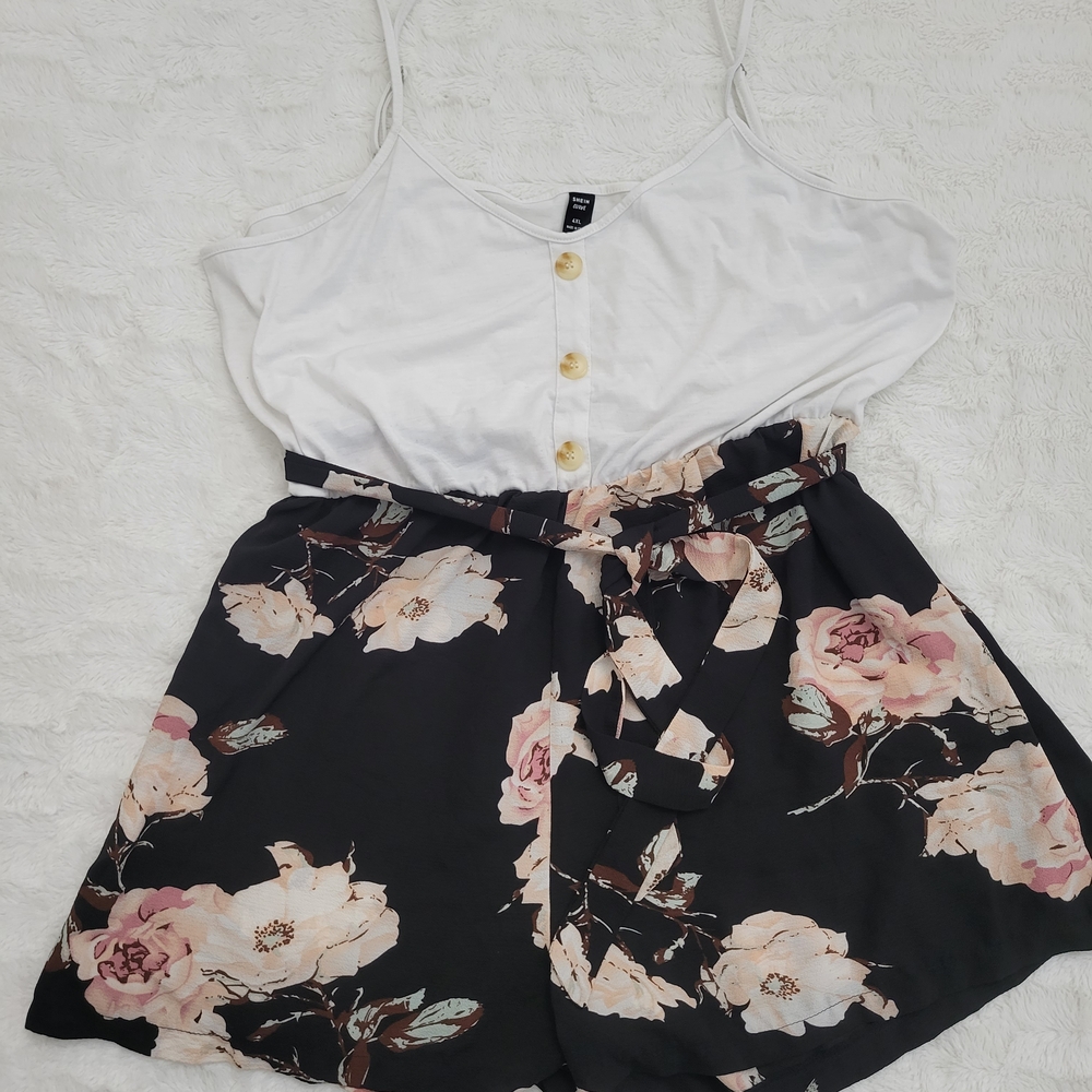 SHEIN White and Black Floral Jumpsuit